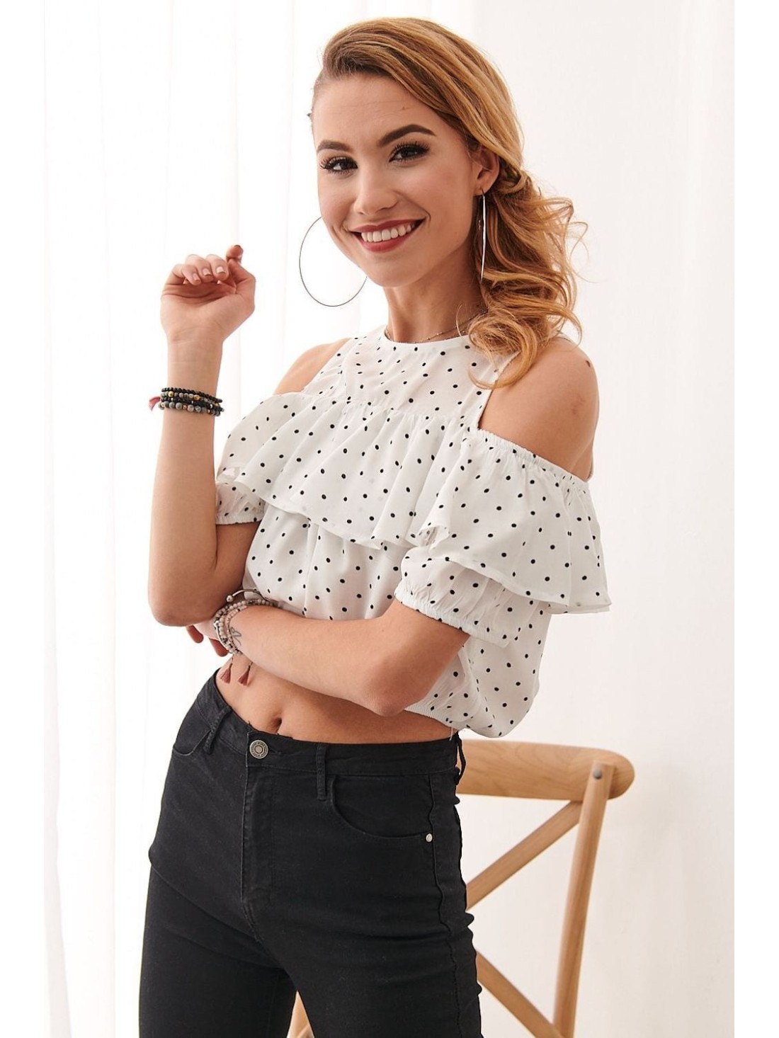 Cream short blouse with polka dots 21521 - Online store - Boutique